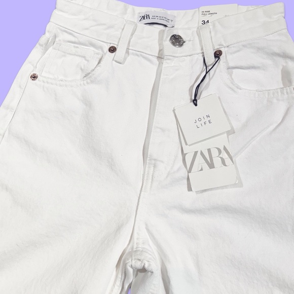 Women's Zara Hi-Rise Full Length Wide Leg White Denim Raw Hem Size 2/34L NWT - Picture 6 of 13